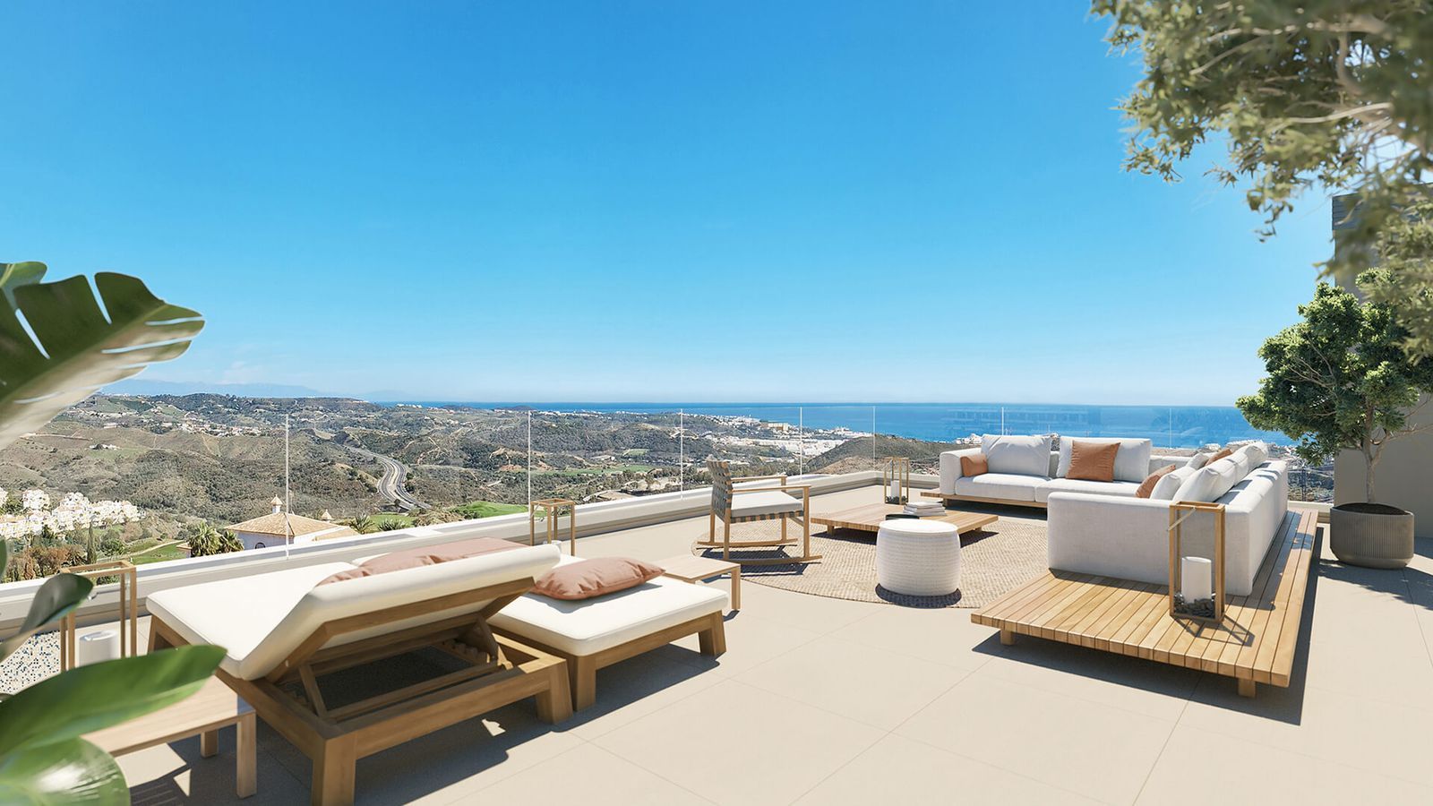 Luxe terras met ligstoelen en uitzicht op zee in Calanova Collection.