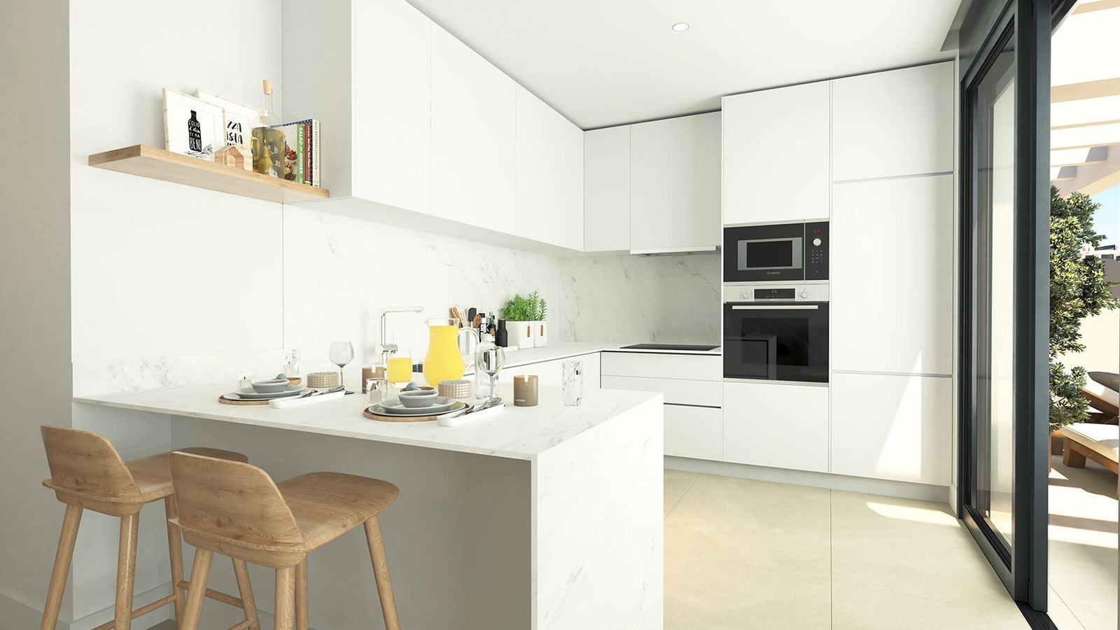 Moderne keuken met ontbijtbar en witte kasten