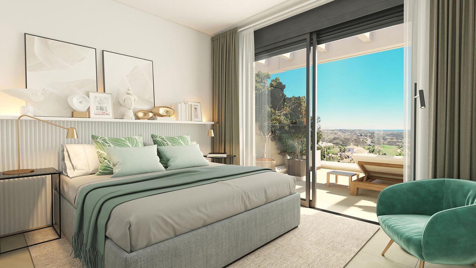 Slaapkamer met balkon en zeezicht in Calanova Collection
